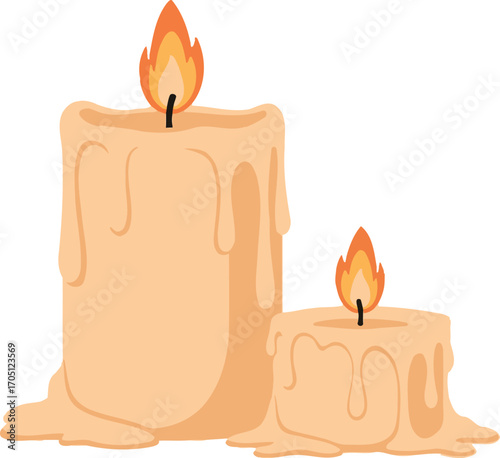 Two warm, melting candles with flickering flames casting a gentle glow