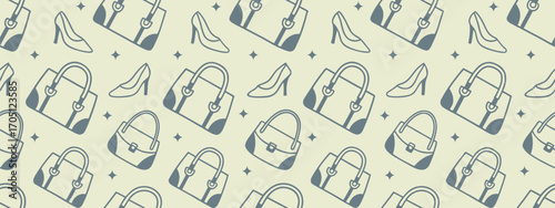 Seamless fashion pattern with handbags and high heels on soft background. Elegant vector illustration for textile, wallpaper, and stylish design. Perfect decorative motif for modern trends.