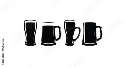 Four dark beer mugs collection isolated simple silhouette beverage drink icons vector