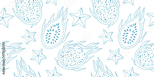 Seamless dragon fruit and starfruit pattern in monochrome line art style on white background, ideal for tropical textile prints, kitchen  exotic wallpapers, and healthy food designs.