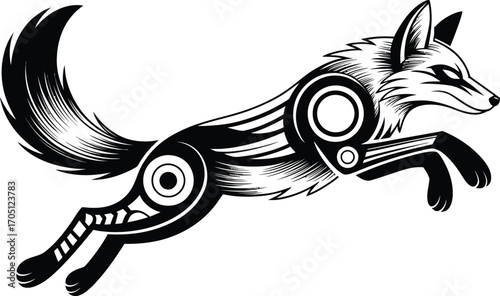 Black and white tribal fox leaping animal