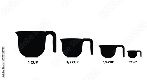 Set of four black silhouette measuring cups with volume markings isolated on white vector