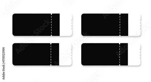 Four black movie tickets or event passes with white detachable stubs isolated vector