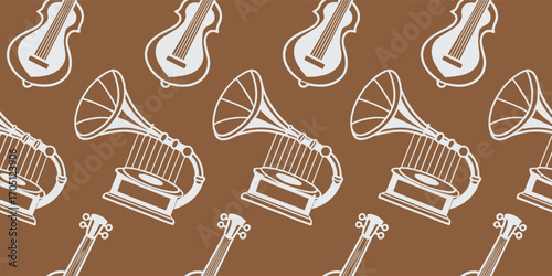 Seamless vintage music pattern with gramophones and violins on brown background. Retro vector illustration for textile, wallpaper, and classic design. Elegant decorative art motif.