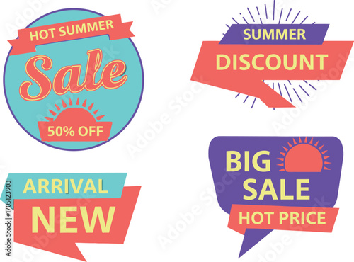 Vibrant summer sale and discount tags with "Hot Summer", "Big Sale", and "New Arrival" promotions.