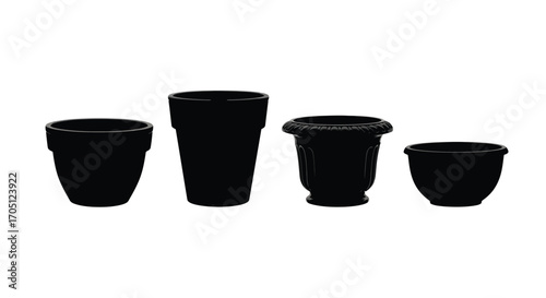 Four black flower pots of varying sizes isolated on a vector