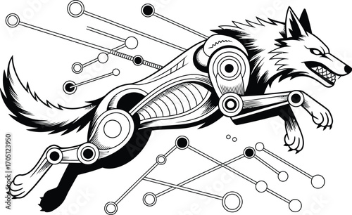 Black and white robotic wolf illustration with circuitry