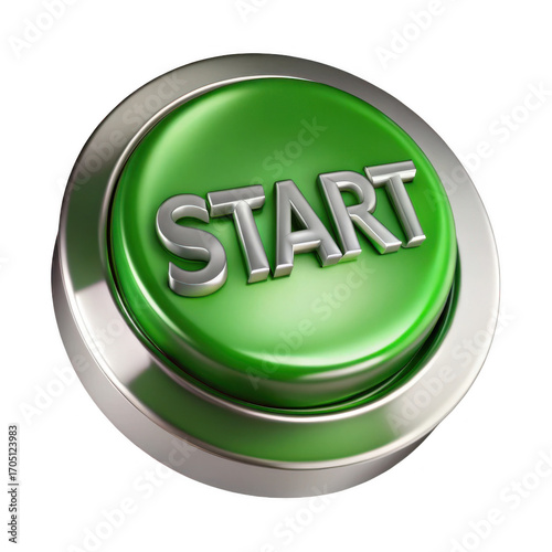 Glossy green start button ready for action and new beginnings isolated on transparent background