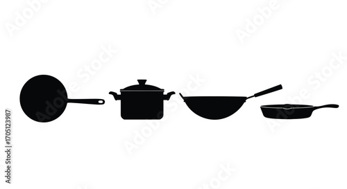 Collection of silhouetted cooking pots pans and wok kitchenware for culinary preparation vector