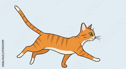 Playful Orange Tabby Cat Running, Joyful, Active, and Energetic Movement on a Light Blue Background
