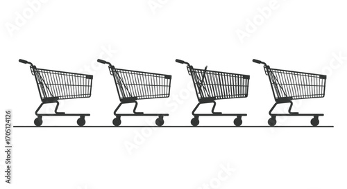 Row of four empty shopping carts lined up side-by-side on a white surface vector