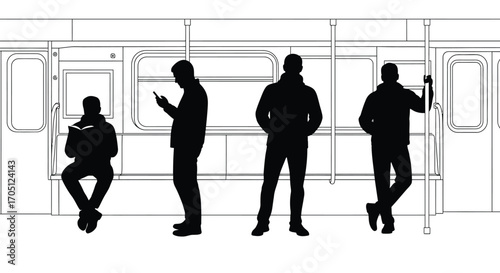 Silhouettes of people in a subway train car commuting and using mobile devices vector
