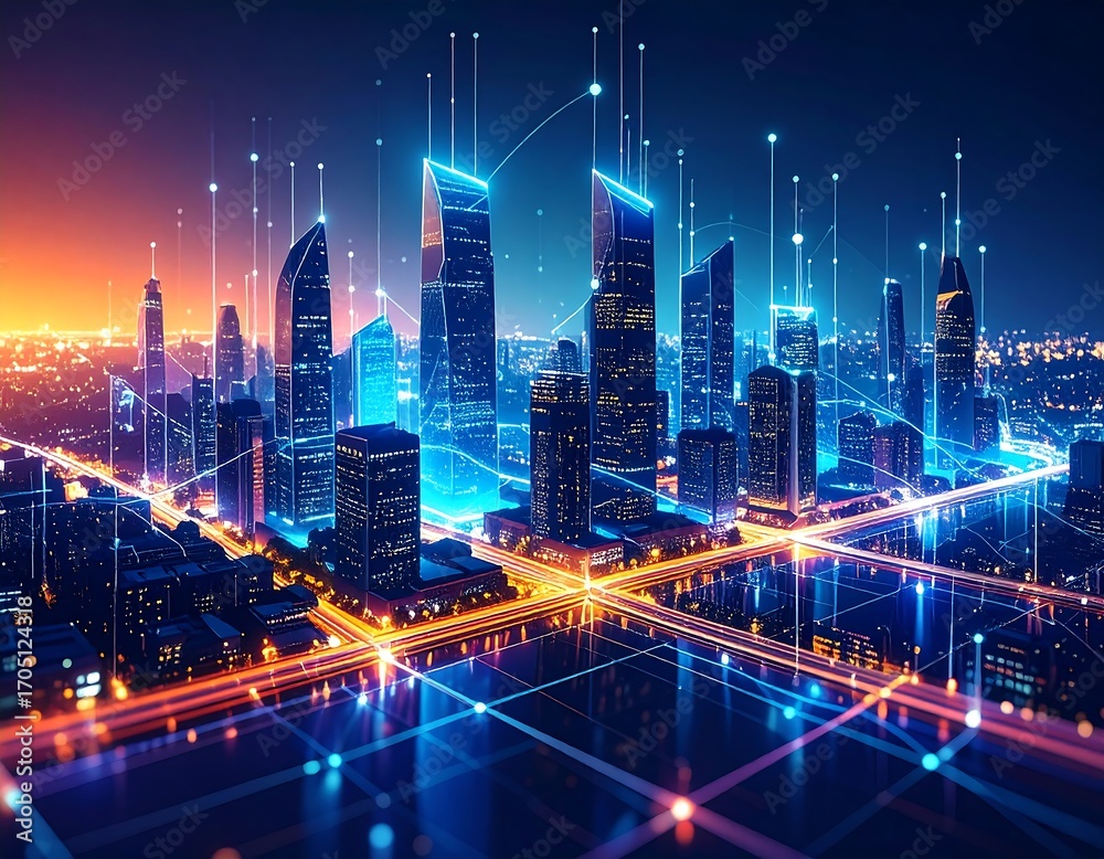 Naklejka premium Futuristic cityscape at night with interconnected digital network