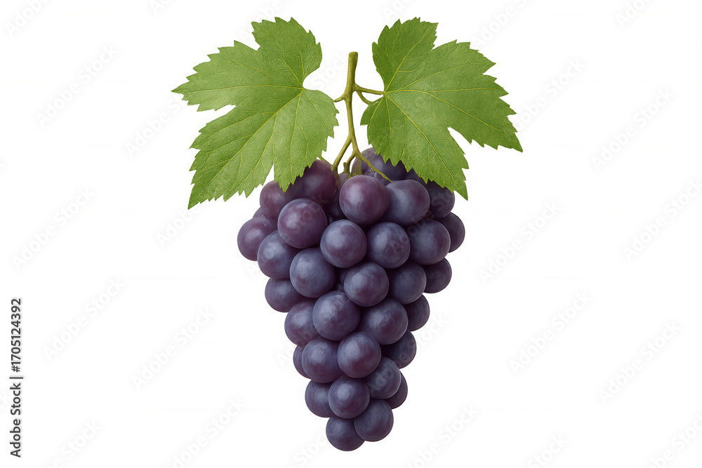 Fototapeta premium Cluster of ripe purple grapes with vibrant green leaves, isolated on a transparent background, ideal for food and beverage designs