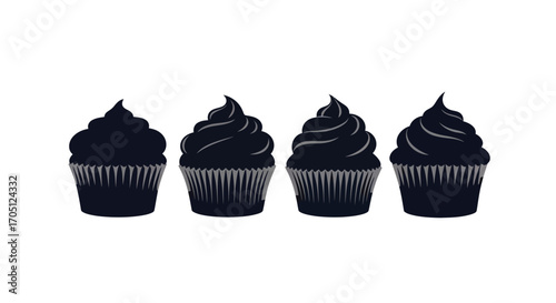 Four delicious dark chocolate cupcakes with swirled frosting for a treat vector