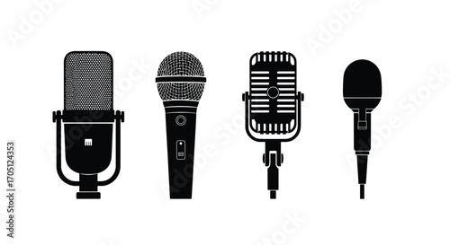 Vintage and modern microphones collection representing audio recording and performance arts icons vector