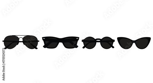 Four different styles of black sunglasses arranged in a line accessories collection vector