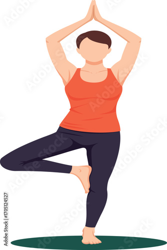 This vibrant illustration depicts a woman practicing the Tree Pose (Vrksasana) in yoga. With arms raised and hands in prayer position above her head, she stands on one leg, showcasing balance and tran