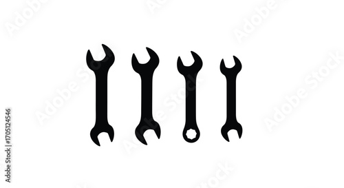Set of four black wrenches varying in size isolated on for repair and diy projects vector