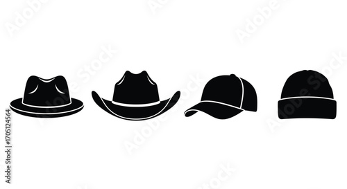 Collection of four black hats silhouette isolated on ready for design vector