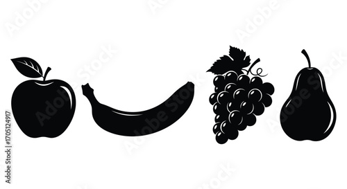 Assortment of fresh healthy fruits silhouette apple banana grapes pear isolated vector