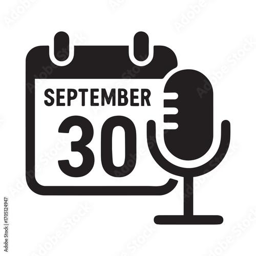 September 30th calendar date icon with microphone symbol for podcasting and recording events isolated on white background