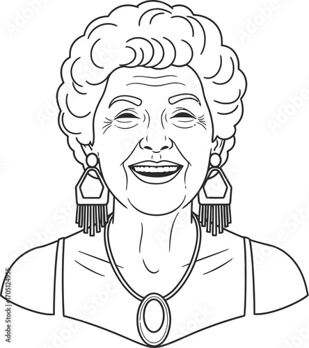 Joyful elderly woman with stylish earrings and necklace smiling warmly