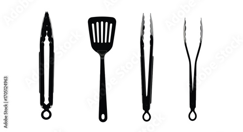 Set of four kitchen utensils featuring tongs spatula and cooking forks essential barbecue tools vector