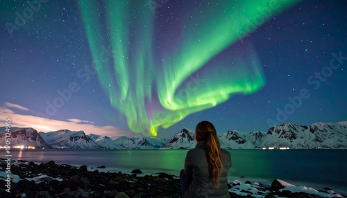 Woman viewing aurora borealis