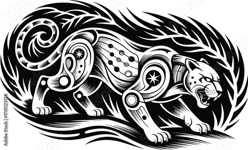Black and white stylized leopard illustration with tribal patterns