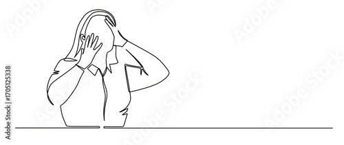 continuous line art of a woman holding her head and looking frustrated and stressed about her job