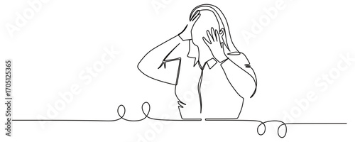 continuous line art of a woman holding her head and looking frustrated and stressed about her job