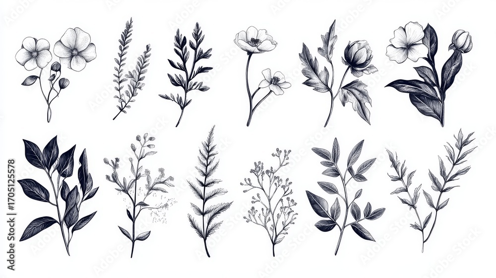 Fototapeta premium 51.Beautiful set of botanical illustrations featuring detailed flowers, leaves, and branches in hand-drawn line art and solid black silhouettes, designed for labels, logos, or wedding stationery.