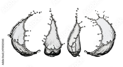 Dynamic water splashes four abstract liquid droplets frozen in motion artistic flow vector