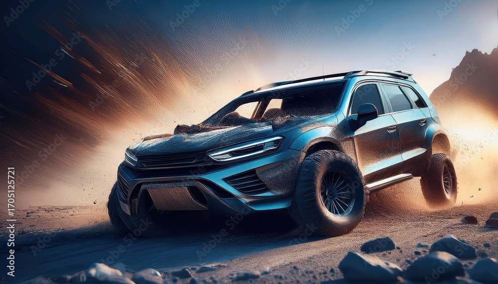 Fototapeta premium Off road vehicle crashes into wall causing severe damage in a tough terrain during daytime hours with dust and debris in the air