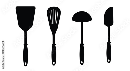 Set of kitchen utensils silhouette spatula slotted spoon ladle knife for cooking and baking vector