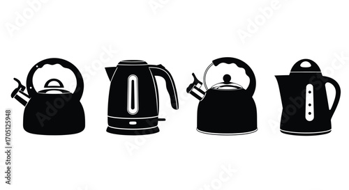 Collection of four black electric and stovetop kettles with different designs for kitchen use vector