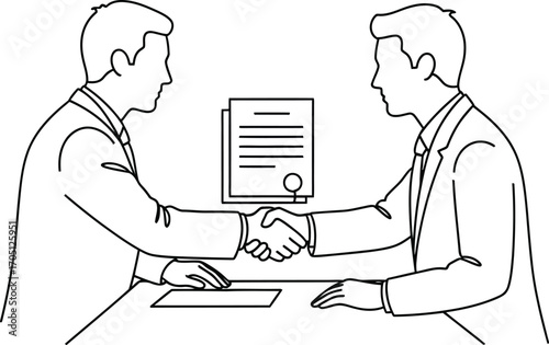 Two men in suits shake hands over a table with a signed contract, symbolizing a successful agreement.