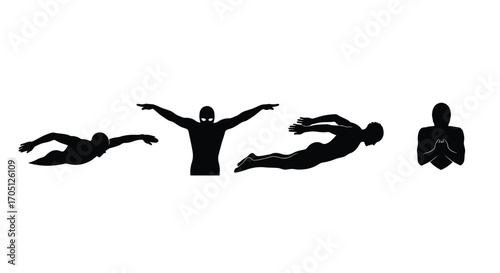 Silhouettes of swimmers in various strokes and poses for sports and fitness concepts vector