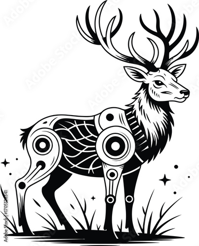 Black and white mechanical deer with large antlers standing in grass