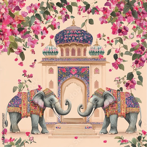 Ornate Indian palace entrance adorned with vibrant flowers, welcoming two decorated elephants.