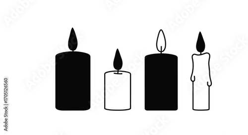 Four lit candles set including black and white options for ambiance and celebration vector