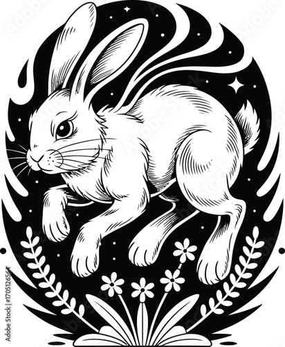 Black and white illustration of a rabbit leaping through starry night