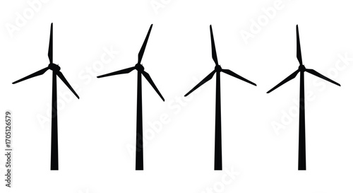 Four silhouette wind turbines standing in a row generating clean renewable energy power vector