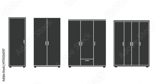 Modern wardrobe collection set featuring diverse cabinet designs and configurations vector