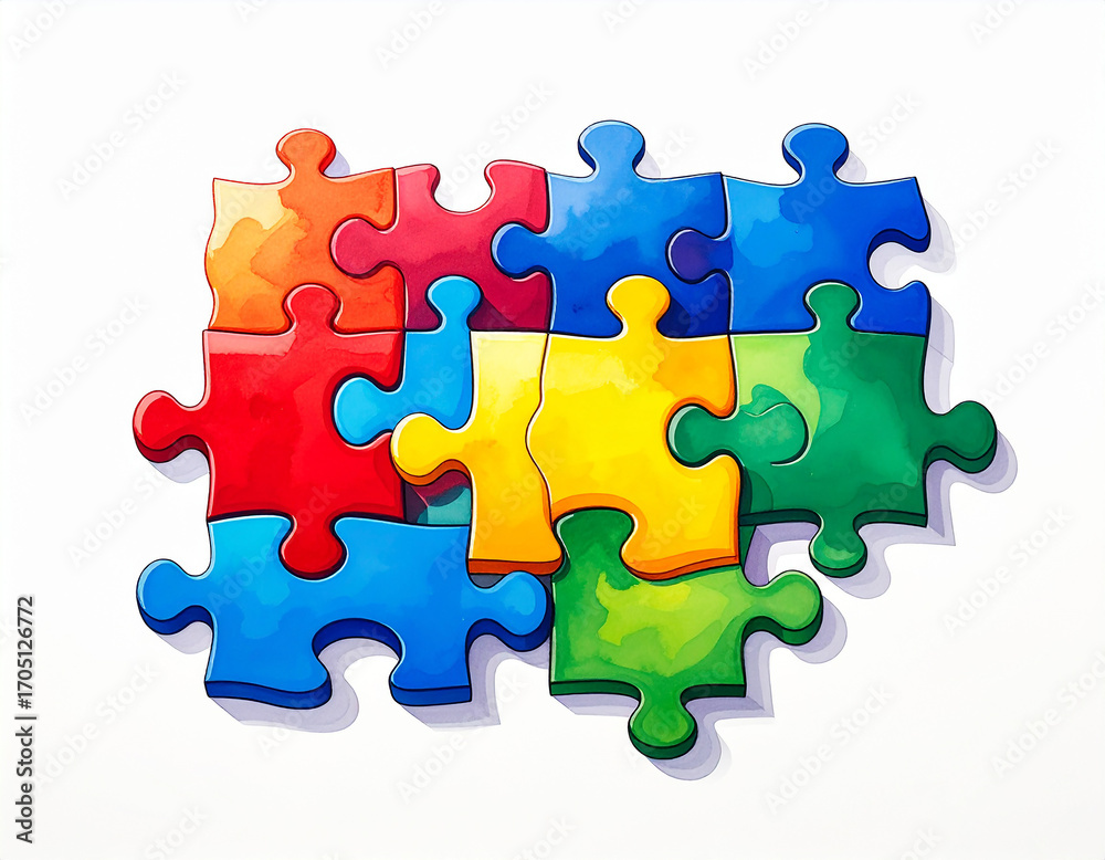 Fototapeta premium White puzzle with colored pieces.puzzle, connection, incomplete, piece, blue, design, colours, complete, confusion, diagram, find, group, horizontal, innovation, jigsaw, lost, problem, Generative Ai
