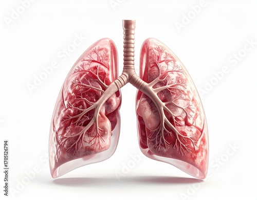 Highly detailed of human lungs anatomy showing bronchial tree, texture, and structure isolated on white background