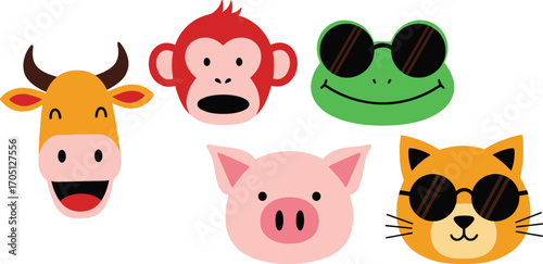 Whimsical animal faces with fun expressions and cool sunglasses, perfect for kids' designs