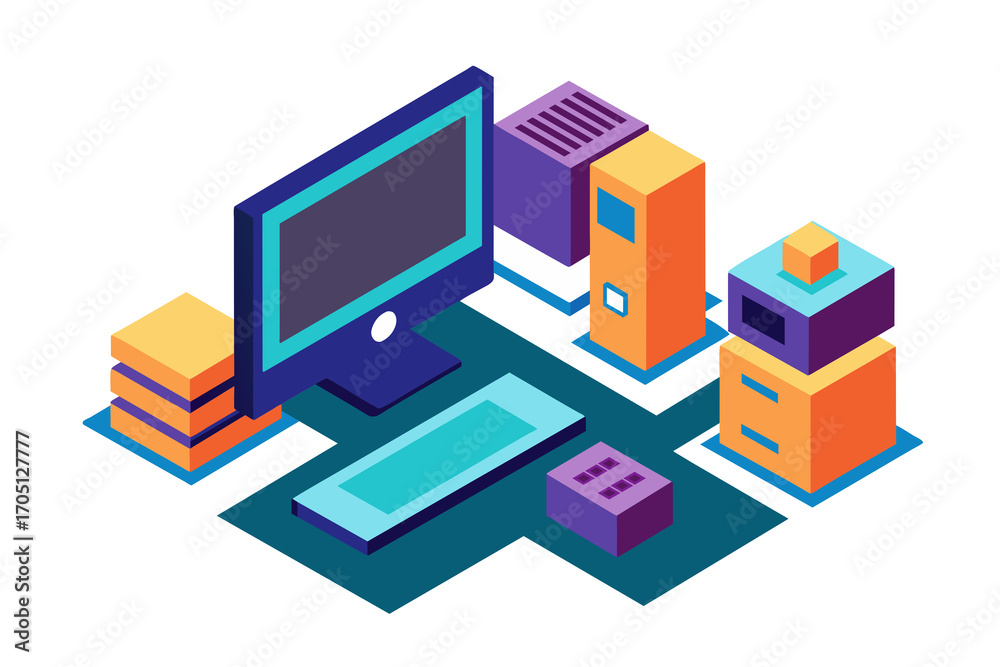 Fototapeta premium An isometric illustration of a computer of colorful cubes with a vibrant set of 3D arrows