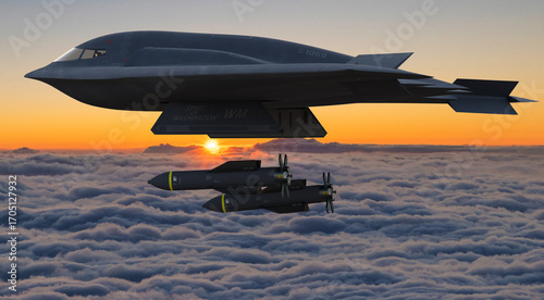 Obraz na plátně B-2 Spirit bomber carrying a heavy aerial bomb, the Massive Ordnance Penetrator